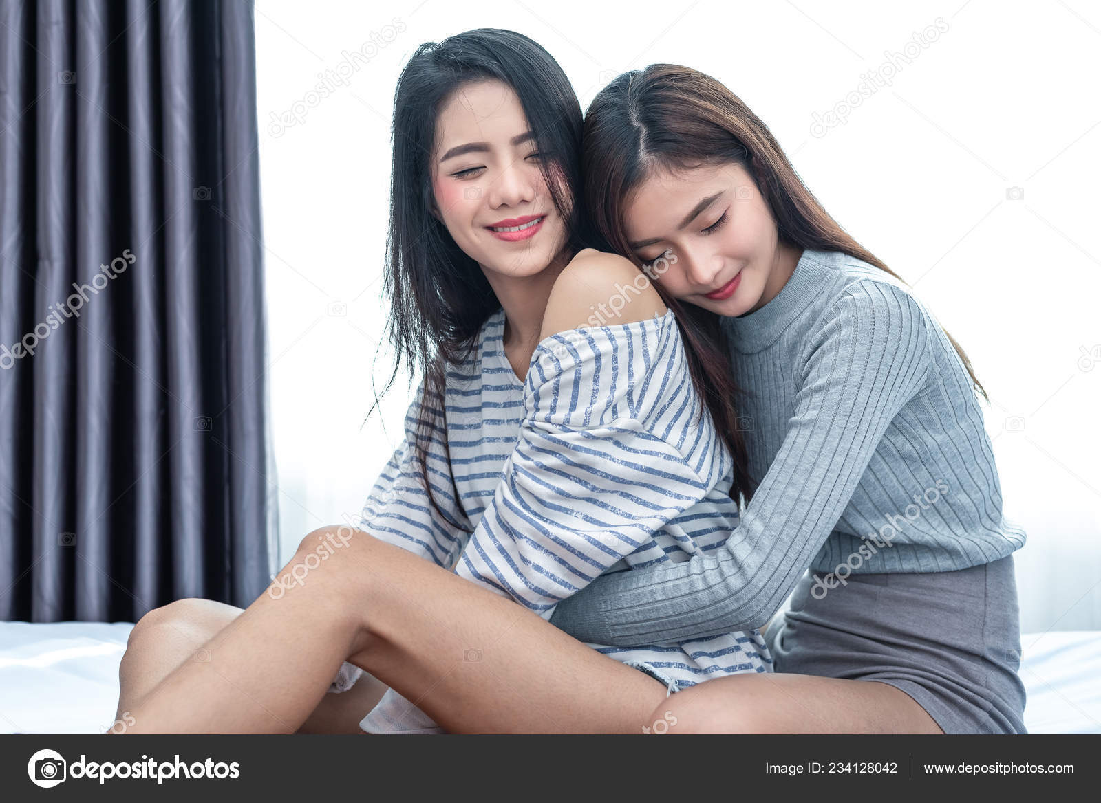 Two Asian Lesbian Women Hug Embracing Together Bedroom Couple People Stock Photo by ©shutter2u 234128042