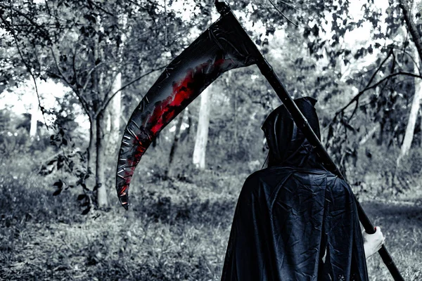 Vista Posteriore Della Strega Demone Con Mietitore Sangue Nella Foresta — Foto Stock
