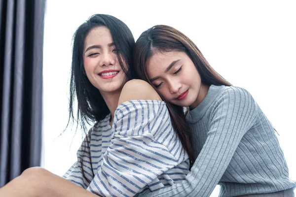 Two Asian Lesbian Women Hug Embracing Together Bedroom Couple People — Stock Photo, Image