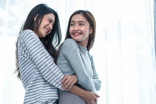 Two Asian Lesbian Women Hug Embracing Together Bedroom Couple People — Stock Photo, Image