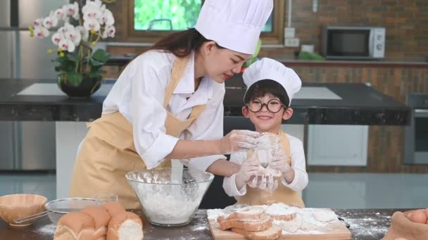 Beautiful Woman Cute Little Asian Boy Eyeglasses Chef Hat Apron — Stock Video