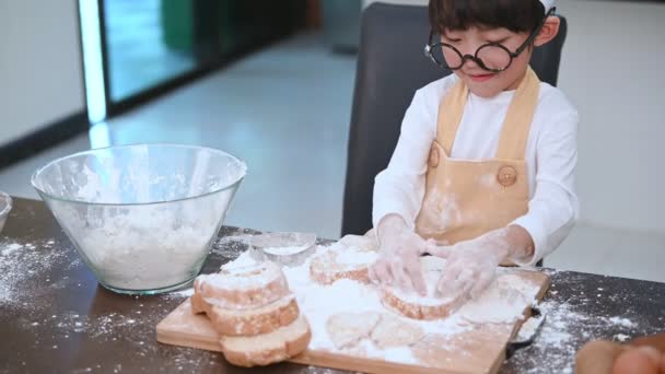 Cute Little Asian Boy Eyeglasses Chef Hat Apron Playing Baking — Stock Video