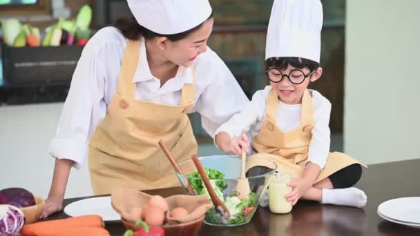 Beautiful Asian Woman Cute Little Boy Eyeglasses Prepare Cooking Kitchen — Stock Video