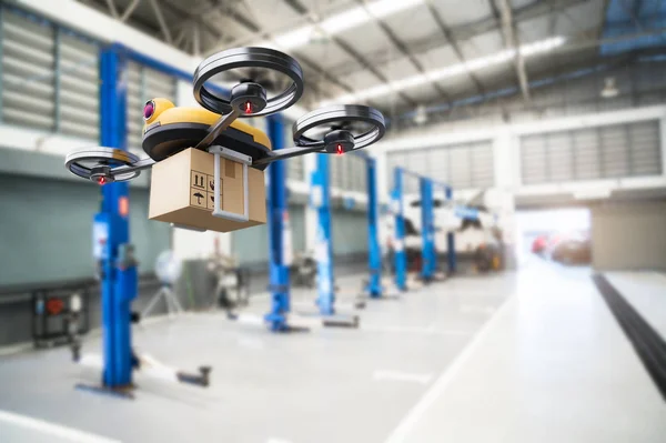 Drone de entrega de peças de reposição no armazenamento de garagem em automotiv líder — Fotografia de Stock