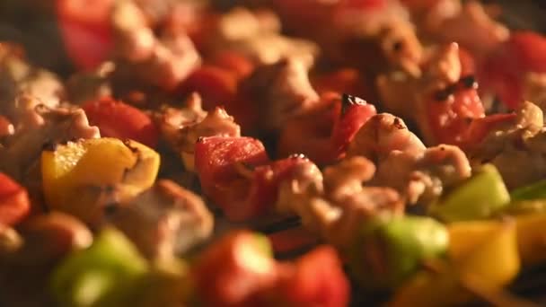 Vista Cerca Sabrosos Kebabs Para Hornear — Vídeo de stock