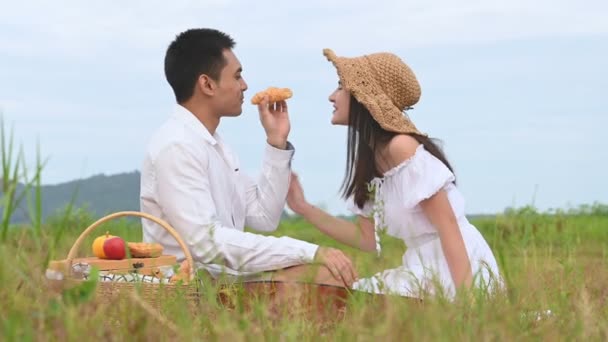 Молодые Азиатские Пары Устраивают Пикник Зеленом Лугу Мужчина Дает Яблоко — стоковое видео