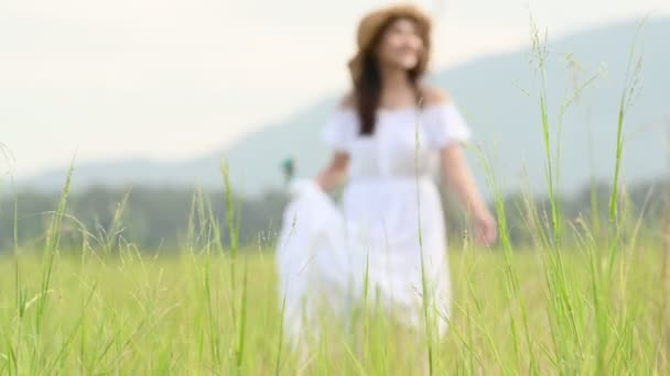 Eine Asiatische Frau Weißem Kleid Schlendert Durch Ausgedehntes Grasland Und — Stockvideo