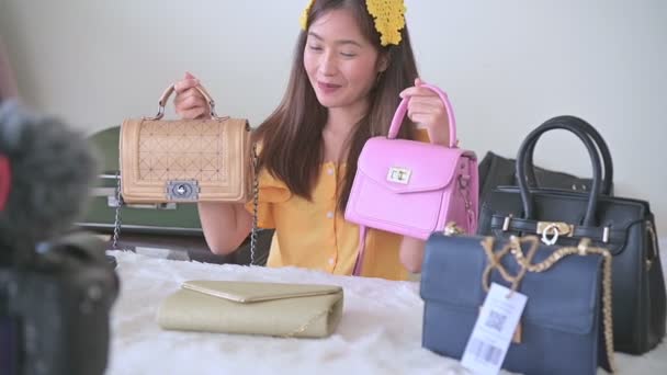Beauty Asian Vlogger Blogger Interview Mit Professionellen Dslr Digital Camera — Stockvideo