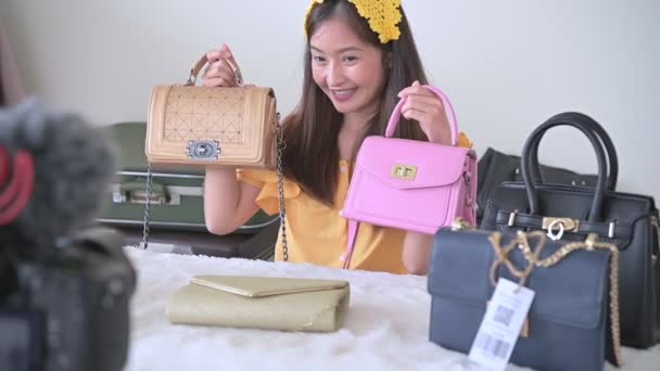 Beauty Asian Vlogger博客采访专业Dslr数码相机影片直播 妇女指导贸易和审查服装产品 商务介绍培训班 Video Footage — 图库视频影像