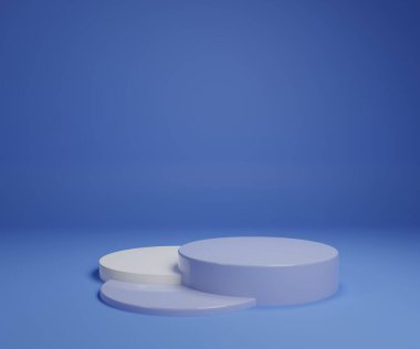 Beyaz mavi pastel ürün arka planda duruyor. Soyut asgari geometri kavramı. Stüdyo podyum teması. Sergi işi pazarlama sahnesi. 3B illüstrasyon yorumlayıcı grafik tasarımı