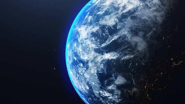 Earth in space view with shining sunrise in universe and galaxy background. Nature  and World environment concept. Science and globe. Fantasy sky atmosphere. 3D illustration render