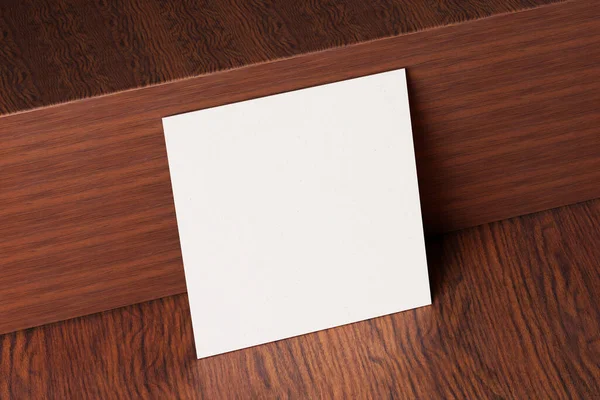 Beyaz Kare Kağıt Kartvizit Modeli Ahşap Kahverengi Masa Arka Planında — Stok fotoğraf