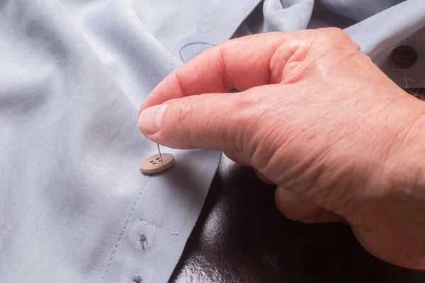 Replacing Button Hand Sewing — Stock Photo, Image