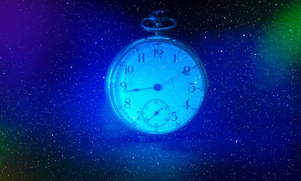 Antique pocket watch appears on a star field to illustrate time and space