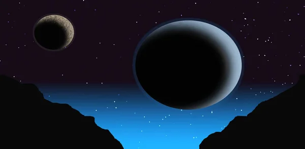 エイリアンの風景の上の水のボディに反射する惑星と月 — ストック写真