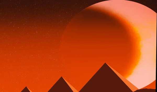 Illustration Tre Egyptiska Pyramider Och Massiv Himmelsk Planet Eller Måne — Stockfoto