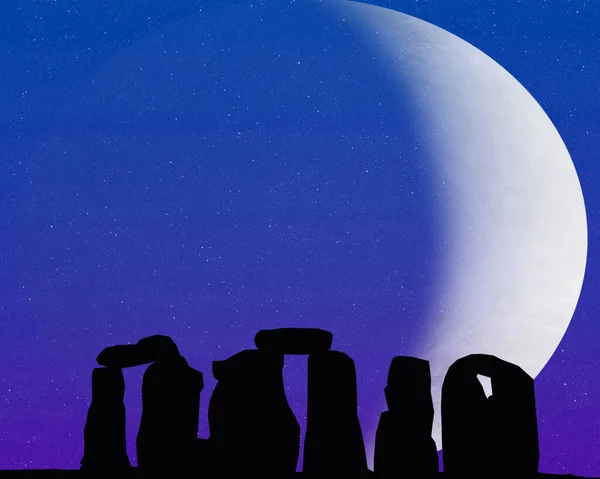 大きな月と古代の間の石のヘッジの3Dイラスト — ストック写真