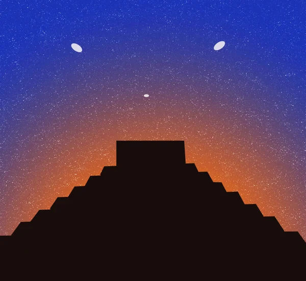 Sabahın Erken Saatlerinde Bir Ufo Ile Aztek Maayan Piramidinin Çizimi — Stok fotoğraf