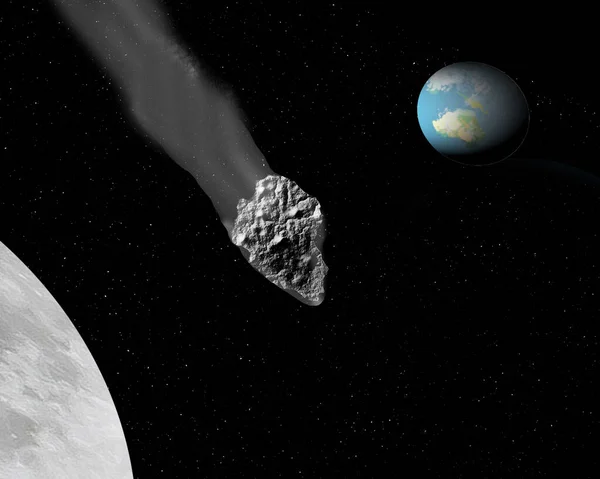 Illustratie Van Een Asteroïde Die Tussen Aarde Maan Passeert — Stockfoto