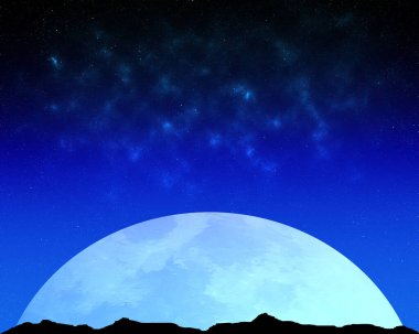 Yıldız arkaplanlı ufukta yükselen mavi ayın 3D çizimi