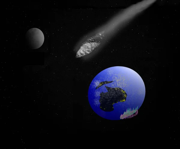 Ilustración Asteroide Cometa Que Pasa Entre Luna Tierra — Foto de Stock