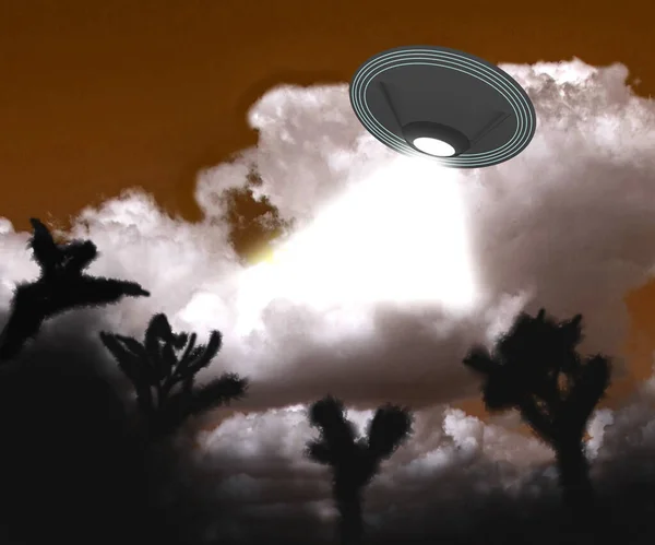 Illustratie Van Een Vliegende Schotel Ufo Een Mysterieus Landschap — Stockfoto