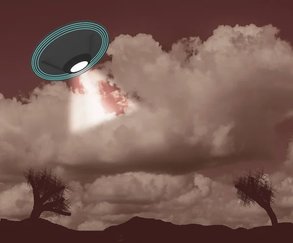 Illustratie Van Een Vliegende Schotel Ufo Een Mysterieus Landschap — Stockfoto