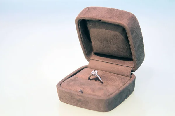 Expensive Diamond Glittering Silver Ring Luxury Box — Stock Photo, Image