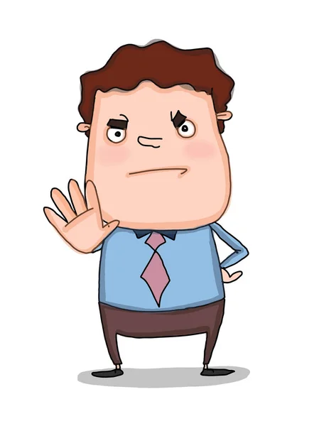 cartoon man hands up illustration and speech bubble and stop text