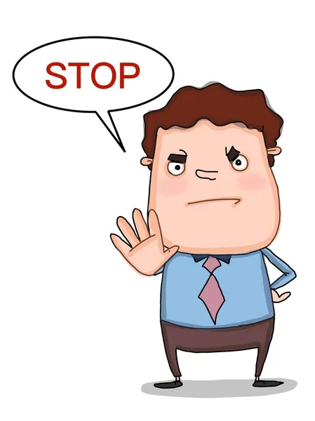cartoon man hands up illustration and speech bubble and stop text