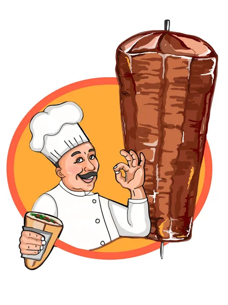 Chef Kok Tekens Cartoon Oke Met Döner Brood Dner Cirkel — Stockfoto