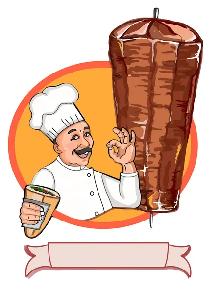 Chef Kok Tekens Cartoon Oke Met Döner Brood Dner Cirkel — Stockfoto