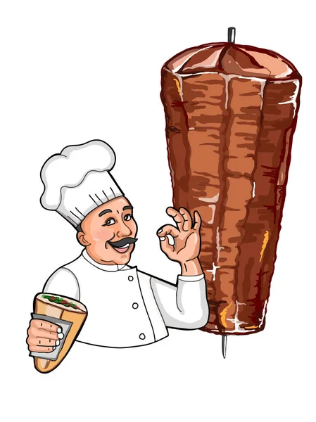  Şef karakter karikatür ve arka plan Tamam ve döner ekmek ve dner daire ve banner