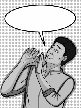 yukarıya bakıp resimde arka plan ve konuşma balonu endişeli çizgi film adam