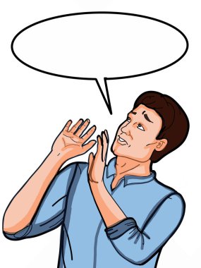 yukarıya bakıp resimde arka plan ve konuşma balonu endişeli çizgi film adam