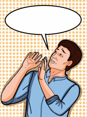 yukarıya bakıp resimde arka plan ve konuşma balonu endişeli çizgi film adam