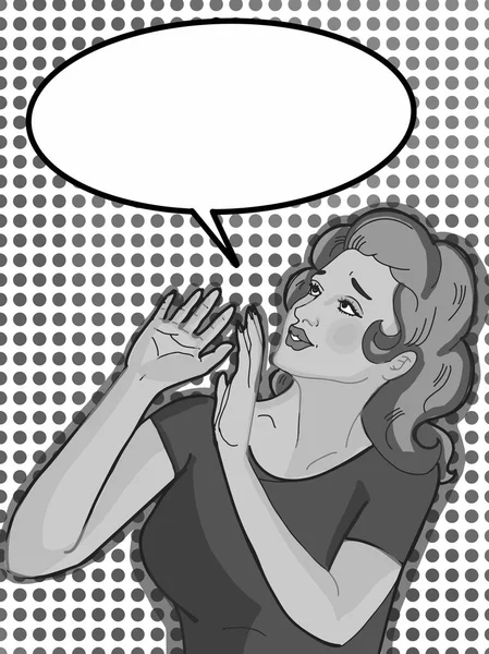 Kobieta Kreskówka Patrząc Górę Martwi Się Bąbelek Ilustracja Mowy — Zdjęcie stockowe
