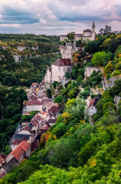 Schilderachtig Uitzicht Prachtige Historische Stad Van Rocamadour Zonsondergang Frankrijk Europa — Stockfoto