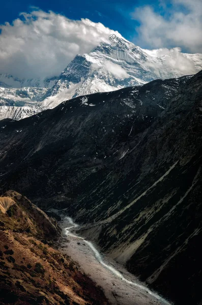 Widok Góry Doliny Szczyty Rzeki Himalajach Annapurna Region Nepal Azja — Zdjęcie stockowe