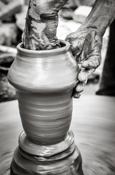 Hands Man Creating Pottery Wheel Monochrome Vintage Style View — Stock Photo, Image