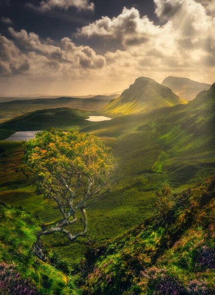 Scenic landscape view of Quiraing mountains in Isle of Skye, Scottish highlands, United Kingdom