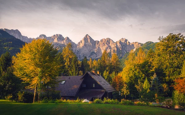 Ландшафтний вид на гірські вершини, барвисте осіннє листя і спільний — стокове фото