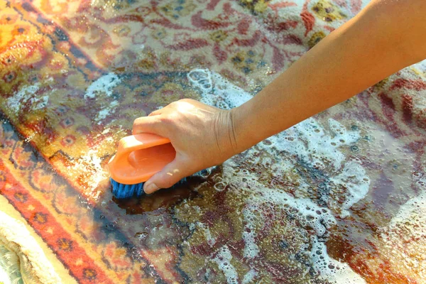 Hand wash the carpet. Carpet washing manually. Close-up.