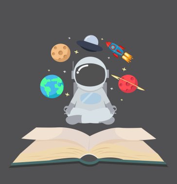 Astronot uzayda meditasyon açık kitap