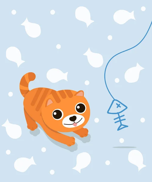 Lindo Gato Con Hueso Pescado — Vector de stock