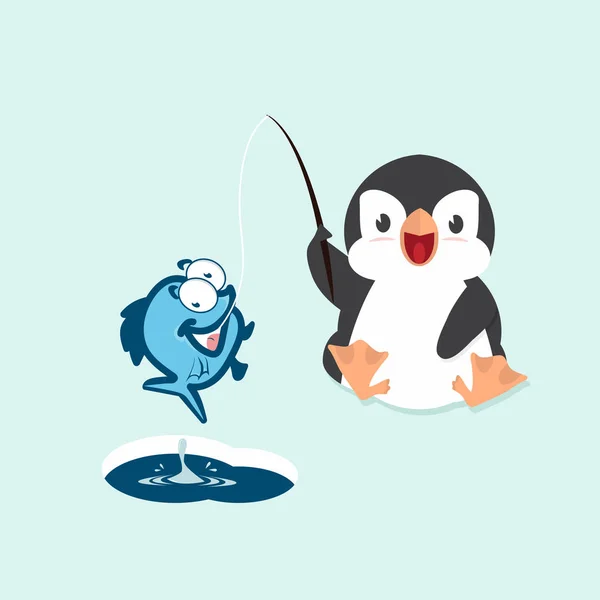 Roztomilý Malý Tučňák Rybaření — Stockový vektor