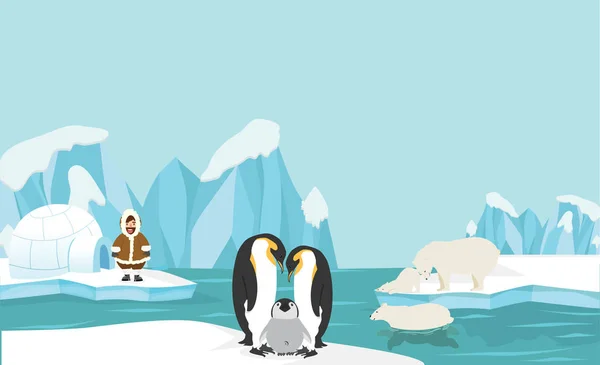 Animais Pessoas Pólo Norte Paisagem Ártico Fundo —  Vetores de Stock