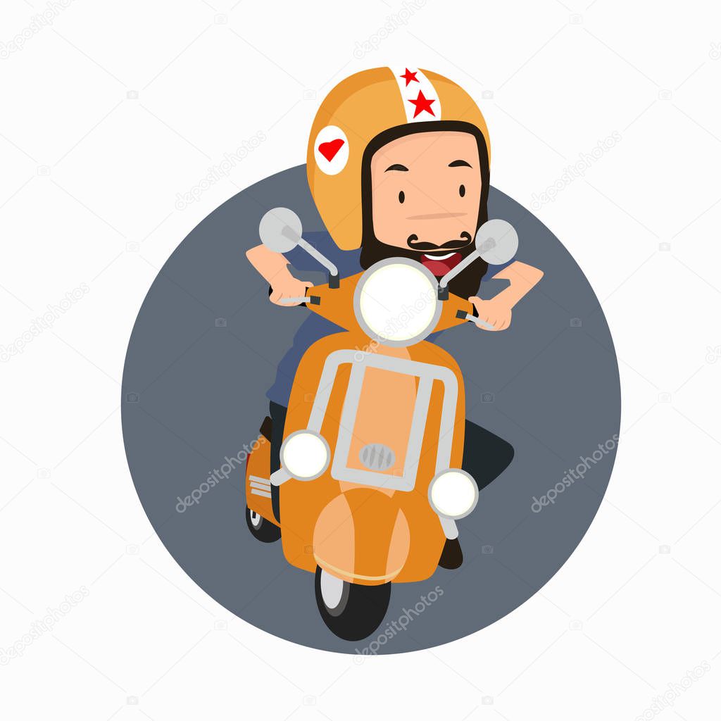Bearded man hipster riding a motorbike