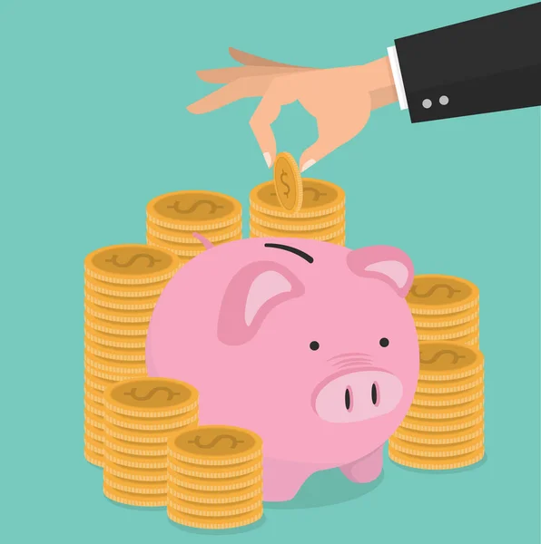 Hand Zetten Munt Een Piggy Bank Geld Besparingen Concept — Stockvector