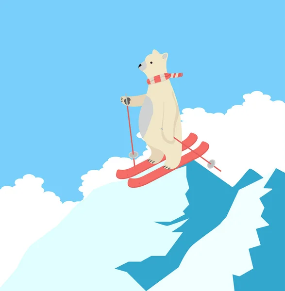 Cute Polar Bear Happy skiing on the top of a mountain